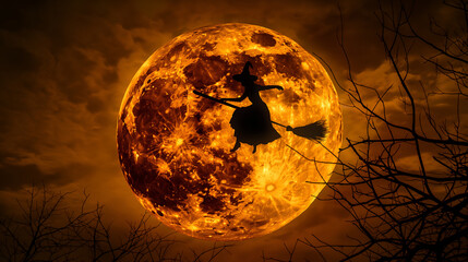 Silhouette of witch flying on a broom with big moon background for halloween concept