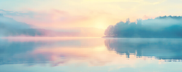 Majestic lake tranquil sunrise refelction  with soft pastel colors.
