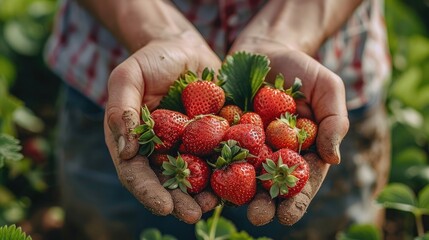 Wall Mural - A close-up view of a farmer hands holding a bunch of ripe strawberries against a backdrop of green foliage. top view. Generative AI.