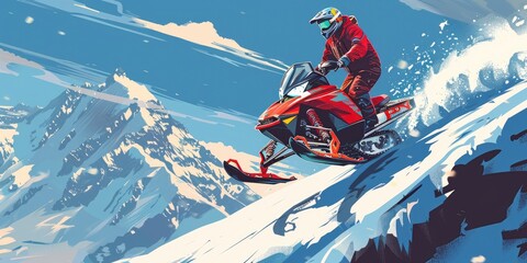 a image of a man riding a snowmobile down a snow covered slope