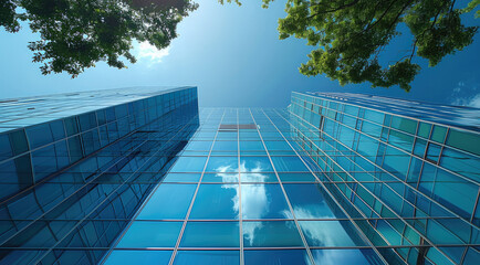 Aufkleber - Office Buildings. modern. glass buildings with cloudy blue sky background. Generative AI.