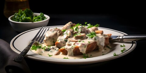 Wall Mural - Blanquette de Veau sauce on a fork against a full plate background. Concept French Cuisine, Gourmet Dining, Food Photography, Culinary Delight