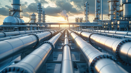 Fototapete - A grand crude oil station with tank area, pump station and many oil pipelines with silver white pipes. Generative AI.