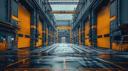 Aufkleber - A factory area, with 4-story factories on both sides, dark gray in color. The width between the two factories is 10 meters, and there is an open warehouse gate on the opposite side. Generative AI.