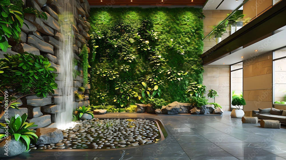 Image showcasing eco-friendly building lobby with live green walls, natural stone tiles ...