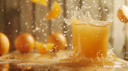 Shooting an advertisement for orange juice There is orange juice in the glass. An orange is placed next to it.