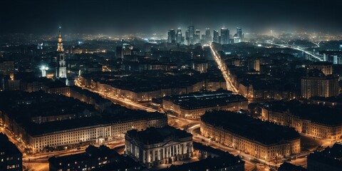 Canvas Print - Aerial night view of a cityscape with illuminated streets and buildings