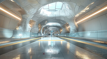 Poster - Interior perspective view of a platform in a metro station. modern. Generative AI.