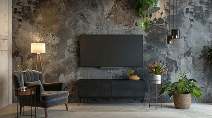Wall Mural - Modern Living Room with Concrete Wall and Minimalist Decor
