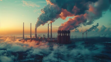 Poster - A power plant with stacks of hot air, in the style of light green and dark brown. Generative AI.