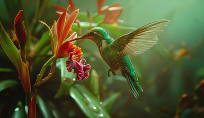 Wall Mural - A hummingbird sipping nectar from the red flower of an orchid