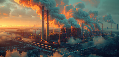 Poster - A power plant with stacks of hot air, in the style of light green and dark brown. Generative AI.
