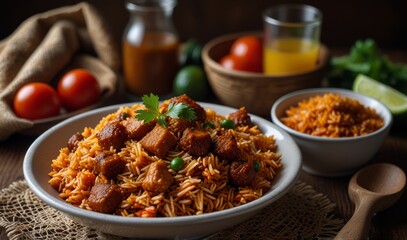Wall Mural - a real photo of traditional Nigerian food, , jollof rice, Made with rice, vegetables, and a harmonious blend of spices, natural day light