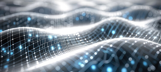 Poster - abstract grid, data technology illustration. wave with connecting dots and lines on dark background.