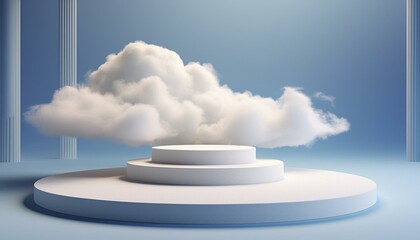 Wall Mural - Cloud background podium blue 3d product sky white display platform render abstract stage pastel scene. Podium stand light minimal cloud background studio dreamy pedestal backdrop png smoke geometric.