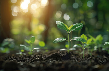 Aufkleber - Line art stick is planting, plant with care, blur nature background. Generative AI.