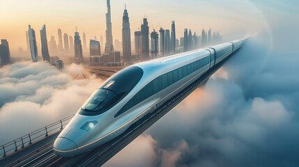 Aufkleber - A high-speed train in a futuristic and technological style with Dubai skyscrapers visible in the background above clouds. Generative AI.