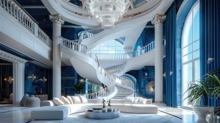 Poster - A stunning modern white and blue luxury mansion interior with a double height, spiral staircase, a big chandelier, a sofa set in the style of the center of the room. Generative AI.