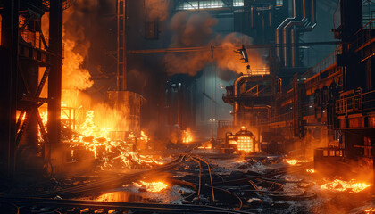 Aufkleber - A large foundry, industrial, heat, melting steel. Generative AI.