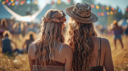 Poster - Back-view of friends at a country festival. woman. Generative AI.