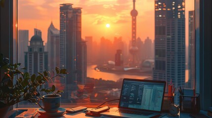 Canvas Print - An open laptop on a desk, with coffee and stationery beside it. The large window overlooks buildings in Shanghai at sunset. Generative AI.