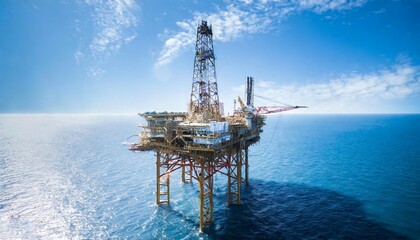 Drones view of oil rig with clear blue sky background.Offshoreoil and gas wellhead remote platform which produced raw material for sent to onshore refinery, power generation and petrochemical industry
