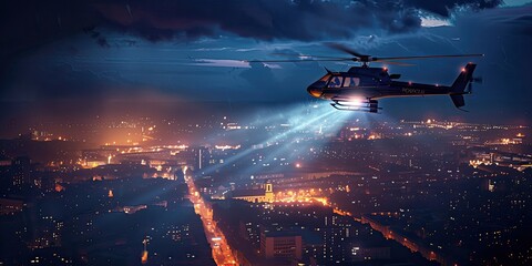 Wall Mural - Cityscape with Helicopter Spotlight