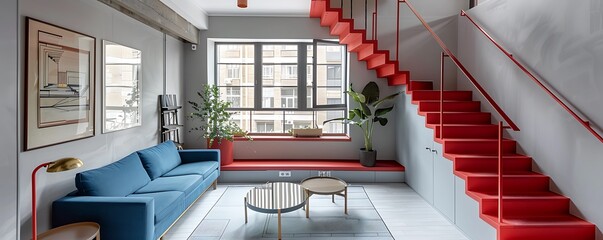Wall Mural - Minimalist new apartment living room with red stairs, light gray walls, blue couch, simple decor, modern furniture, open layout, large windows, natural light.