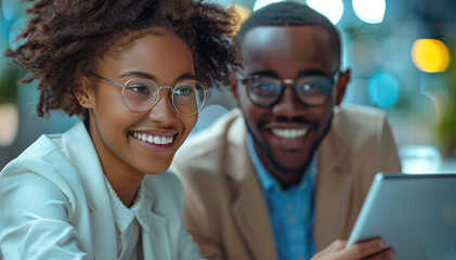 Poster - Happy multi ethnic business people working together and smiling while using a tablet during their meeting in the office. Generative AI.