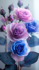 Aufkleber - Large purple and blue roses on a white background. Generative AI.