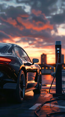 Poster - Electric Vehicle Charging at Sunset in Urban Setting  