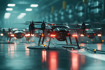 Wall Mural - Fleet of Commercial Drones at a Futuristic Charging Station  