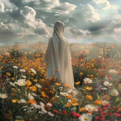 Wall Mural - Surreal conceptual photo of a Muslim woman standing amidst a field of flowers