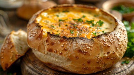Wall Mural - cheese soup recipe, cheese soup in a bread bowl, a comforting meal to warm up on chilly days