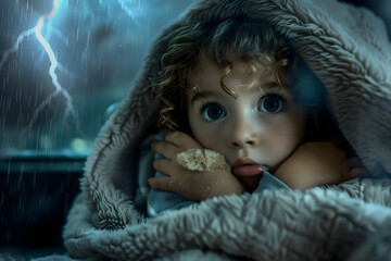 Young child under blanket, scared of thunder during a dark and stormy night