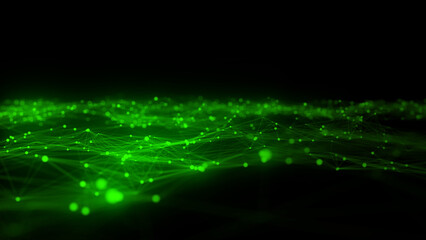 Fototapete - Abstract futuristic wave with moving dots. Flow of colored particles and lines. Cyber technology illustration. Big data visualization. 3d rendering