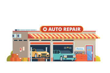 Wall Mural - Vector detailed auto garage building flat design illustration	
