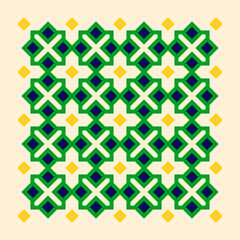 Wall Mural - Abstract geometry illustration, symmetrical pattern of green, navy blue and yellow geometric shapes in Islamic style