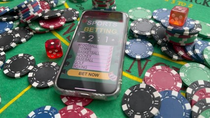 Wall Mural - online casino smartphone with poker chips device over green table