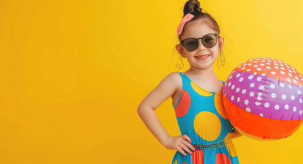 Canvas Print - Happy girl in sunglasses holding beach ball and swimming ring on yellow background with copy space area for text