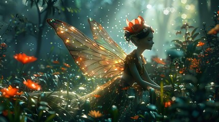 Wall Mural - Whimsical fairy with delicate wings, set in an enchanting forest with vibrant flora