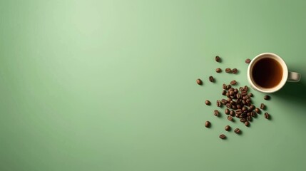 Poster - Coffee cup and beans on green backdrop Top down perspective Empty space