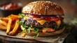 © steve - Juicy Cheeseburger: Cheeseburger stacked high with fresh lettuce, tomato, cheese, and a soft sesame bun.