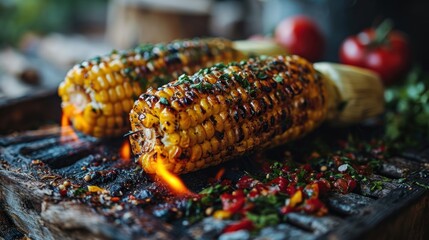 Sweet corn BBQ og grill. Sweet corn on charcoal bbq. Grilled corn and tortillas on the cob, authentic mexican cuisine concept with copy space. Mexican Food Concept with Copy Space.