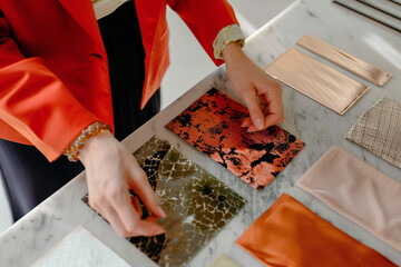 close-up high angle photo of female fashion designer choosing and testing fabrics and materials for clothing line