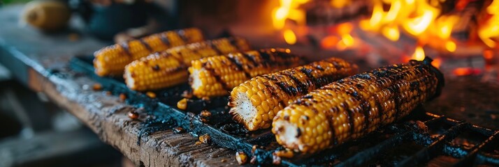 Sweet corn BBQ og grill. Sweet corn on charcoal bbq. Grilled corn and tortillas on the cob, authentic mexican cuisine concept with copy space. Mexican Food Concept with Copy Space.