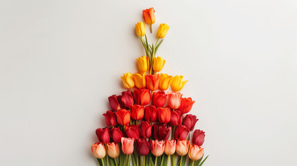 Wall Mural - Pyramid of red and yellow tulips on a white background