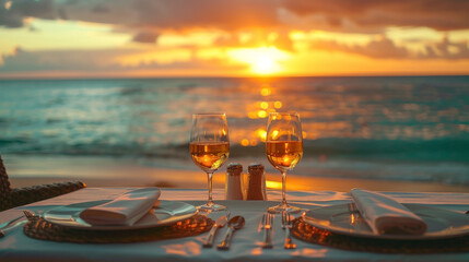 oceanfront dinner, an intimate dinner setting with ocean view, ideal for a romantic beach date, complete with elegant tableware for two