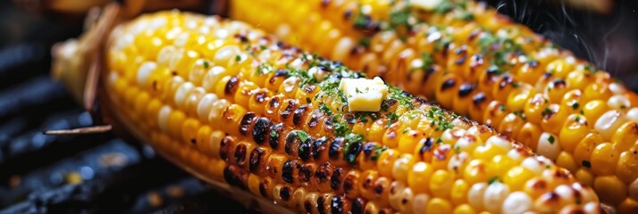 Sweet corn BBQ og grill. Sweet corn on charcoal bbq. Grilled corn and tortillas on the cob, authentic mexican cuisine concept with copy space. Mexican Food Concept with Copy Space.