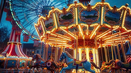 A colorful carousel magnificently lit up with bright lights, featuring ornate horses at a night carnival, set against a backdrop of other illuminated amusement park attractions.